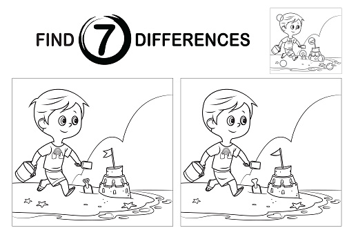 Vector find differences, cute boy building a sandcastle