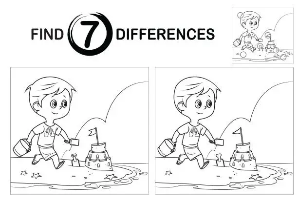 Vector illustration of Find differences, cute boy building a sandcastle