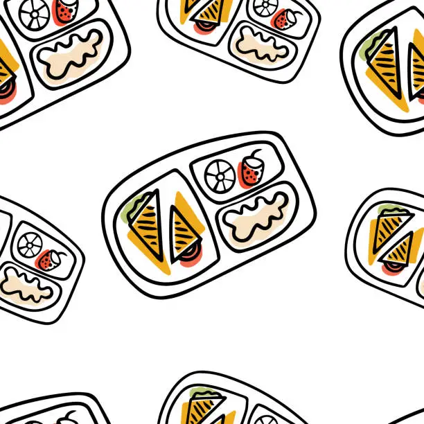 Vector illustration of Seamless pattern 
Doodle lunchbox. School breakfast. Back to school. Food to go