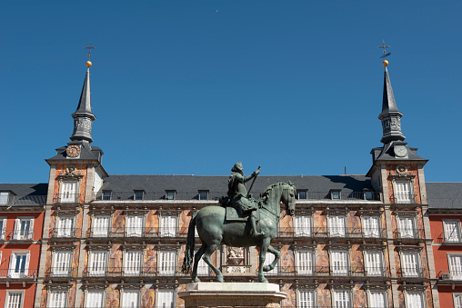 Madrid, Spain - April 16, 2022: Statue of Philip III, Plaza Mayor in Madrid.