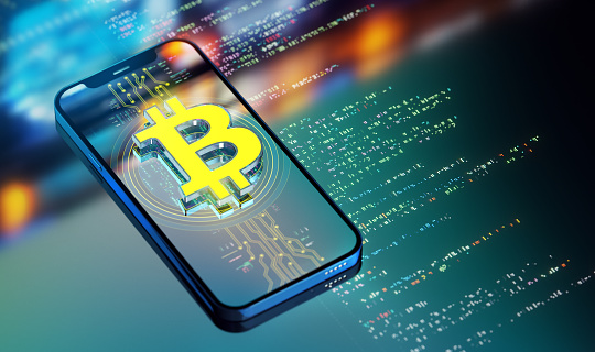 The Power of Crypto currency and digital wallets. Transforming Industries and Customer Service. A Look into the Future. Yellow Bitcoin icon on smart phone. 3D render