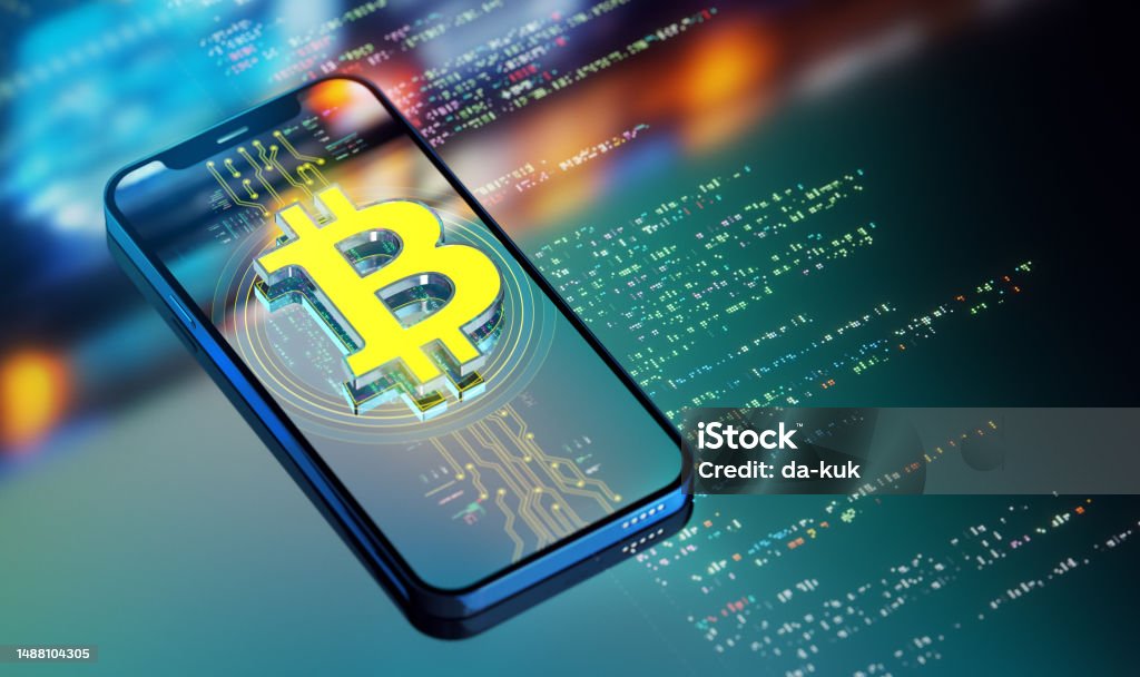 The Power of Crypto currency and digital wallets. Transforming Industries and Customer Service. A Look into the Future. Yellow Bitcoin icon on smart phone. 3D render Bitcoin Stock Photo