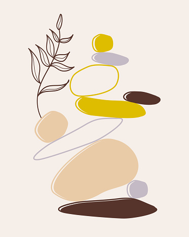 Vector balanced pebbles with leaves isolated on beige background.