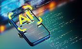 The Power of AI. Transforming Industries and Customer Service. A Look into the Future. Yellow AI icon processing texts and commands on smart phone. 3D render