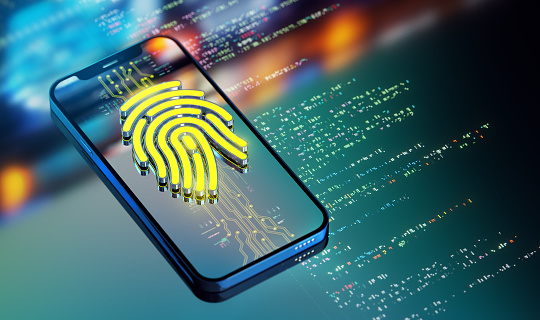 Digital security. Biometric fingerprint authentication. Biometric safety concept. Modern futuristic technology background. 3D render
