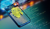 Digital security. Biometric fingerprint authentication. Biometric safety concept. Modern futuristic technology background. 3D render