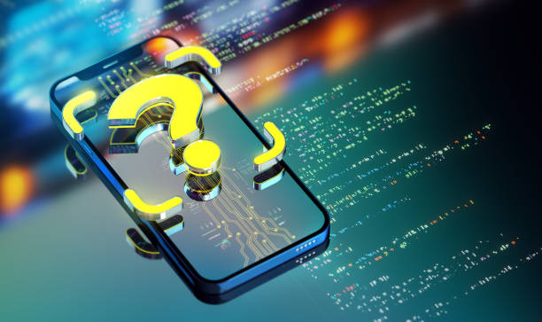 istock Question mark on smart phone. Vibrant modern colours. Q&A future technology background with space for branding. 3D render 1488105173