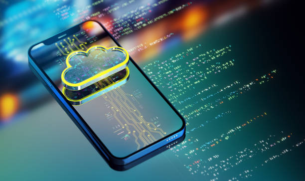 The Power of Cloud Computing and Cloud Technology. Transforming Industries and Customer Service. A Look into the Future. Yellow cloud icon processing data on smart phone. Modern 3D render