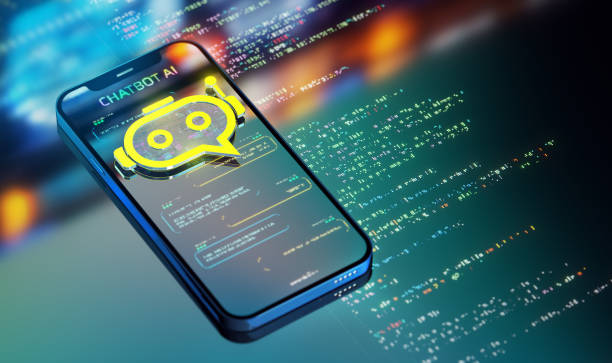 chatbot alimentato dall'intelligenza artificiale. trasformare le industrie e il servizio clienti. icona gialla del chatbot sullo smartphone in azione. rendering 3d moderno - intelligenza artificiale foto e immagini stock