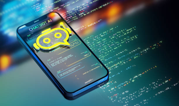 Chatbot powered by AI. Transforming Industries and customer service. Yellow chatbot icon over smart phone in action. Modern 3D render stock photo