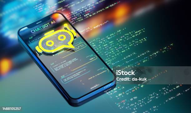 Chatbot Powered By Ai Transforming Industries And Customer Service Yellow Chatbot Icon Over Smart Phone In Action Modern 3d Render Stock Photo - Download Image Now