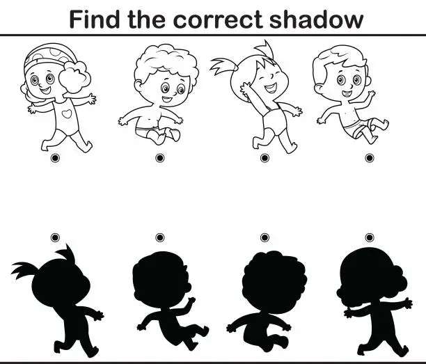 Vector illustration of Black And White, Find the correct shadow, education game. Kids Summer