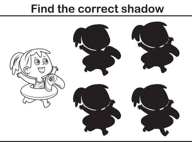 ilustrações de stock, clip art, desenhos animados e ícones de find the correct shadow game for children, little girl in swimwear inside of inflatable ring - swimwear child inner tube little girls