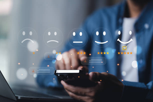 istock Customer services best excellent business rating experience. Satisfaction survey concept. user give rating to service experience on online 1488106841