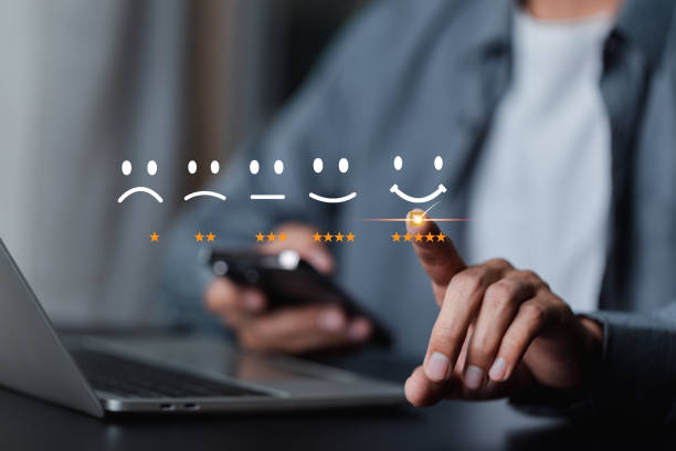 istock Customer services best excellent business rating experience. Satisfaction survey concept. user give rating to service experience on online 1488106847
