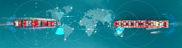 ki-technologie. globales logistikkonzept, internationales lieferkonzept, weltkarte, logistik- und supply-chain-netzwerk, distributionscontainer, schiff, das für den export, import, zoll, ozean, konzept, technologie, transport läuft - handel treiben stock-fotos und bilder
