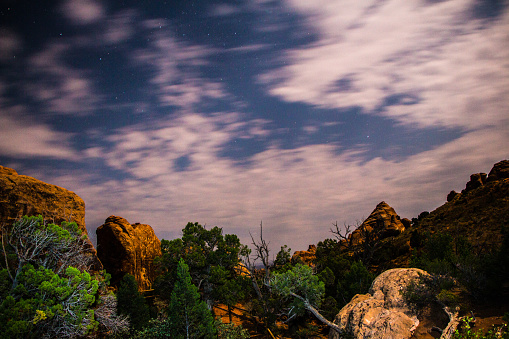 Red Rock Canyon Mountains at Night with Stars - Astrophotography landscape winter canyon scenic.