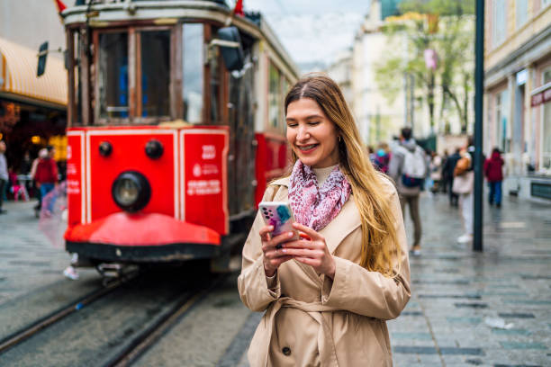 Woman using phone in Istanbul