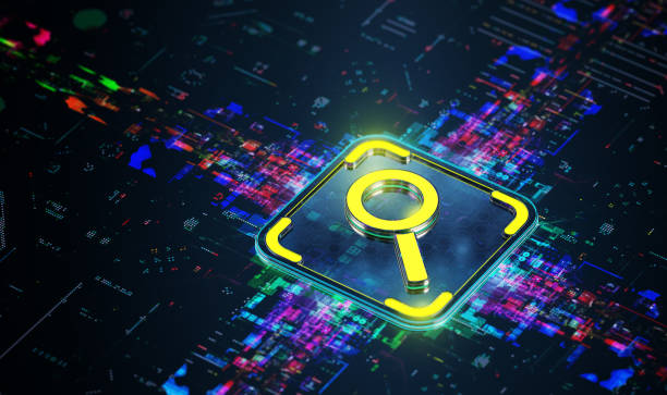 The Power of Search Engine. Transforming Industries and Customer Service. A Look into the Future of AI search. Yellow loupe icon processing search requests. Modern 3D render stock photo
