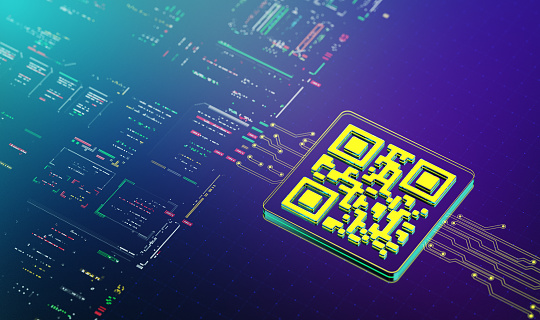 QR code as global communication and payment services. Transforming Industries and Customer Service. A Look into the Future. Modern 3D render. *Not an actual real QR code