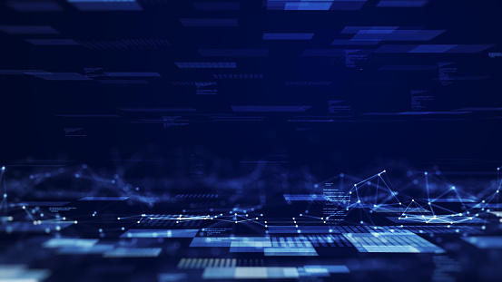 Digital information technology concept. Cybersecurity and protection system from online crime threats. Data Analytics or Data Science. Binary code polygons connected on dark blue background.