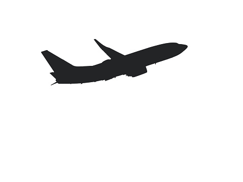 Silhouette of a commercial aircraft on a plain white background. No people. Travel concept.