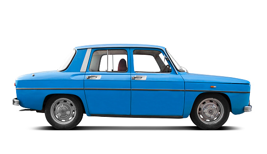 Classic car\nRenault 8 blue\nFrench\n60's and 70's\nIsolated on white background