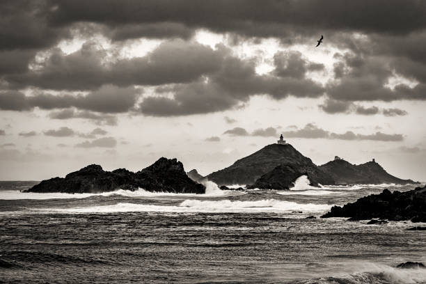 les îles Sanguinaires une vue en noir et blanc des îles Sanguinaires un jour de tempête image en noir et blanc stock pictures, royalty-free photos & images