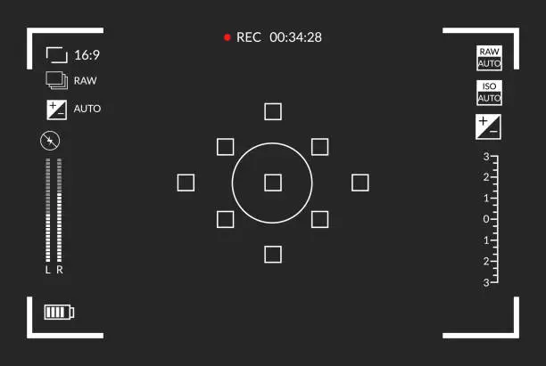 Vector illustration of Viewfinder video recording. Camera focusing screen. Black screen camera with video shooting parameters, video quality indicators. Digital zoom recording for modern bloggers, vector illustration