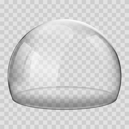 Glass dome. 3D Realistic spherical kitchen utensils, laboratory or exhibition case. Vector isolated glossy shape of showcase safety on transparent background.