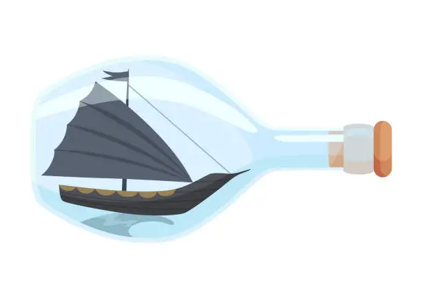 Vector illustration of Ships in bottle. Glass with object inside. Miniature model of marine vessel. Hobby craft work and sea theme. Decorative marine souvenir, sailing craft