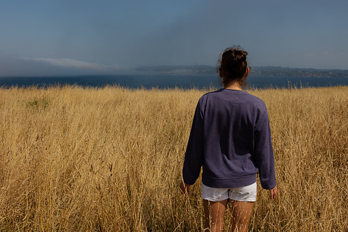 A girl near the ocean among the wheat looks into the distance, the blue ocean, the sky in the fog view from behind. A girl in a lilac jacket, among a yellow field, a combination of colors.