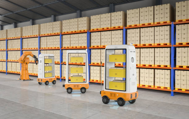istock Automation factory or cargo with robot arms and warehouse robots 1488125117