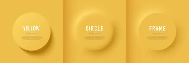 Vector illustration of Set of 3D round circles frame on yellow background with light and shadow. Abstract geometric pedestal podium for product display or copy space in top view, Minimal neumorphism design. Vector EPS10.