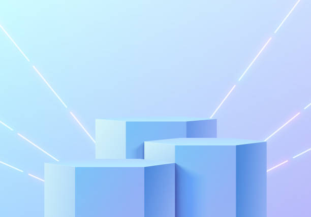 istock Realistic 3D blue hexagon products podium background with glowing neon lighting lines scene. Tech wall minimal scene mockup product stage showcase, Promotion display. Abstract vector geometric from. 1488127572