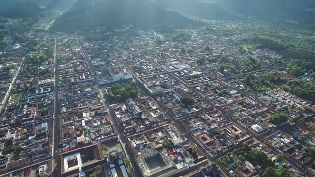 Antigua City in Guatemala. Beautiful Old Town and Downtown. Drone Point of View. Sightseeing