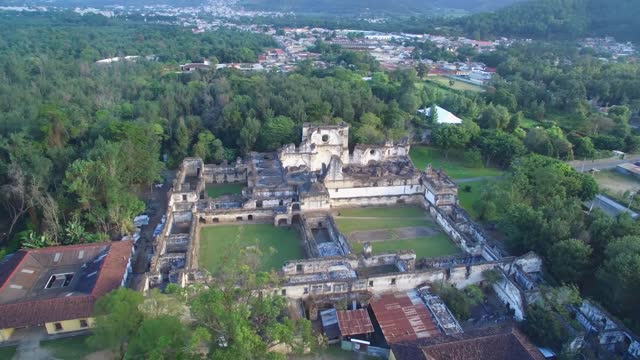 Abandoned Ruined Building Church in Antigua City in Guatemala. Drone Point of View. Sightseeing. Earthquake