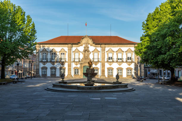 Braga City Hall - Paços do Concelho - and Pelican Fountain - Braga, Portugal stock photo