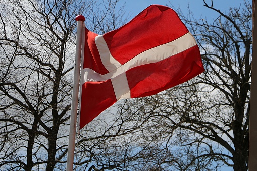 Danish flag waving in the blue sky. Politics and Government Concept.