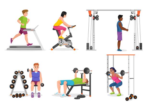 ilustrações de stock, clip art, desenhos animados e ícones de set of people working out on machines and with weights isolated on white background - health club gym young men dumbbell