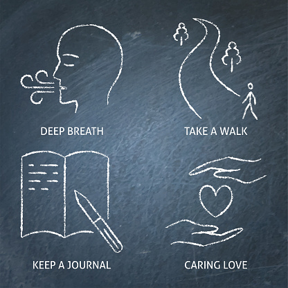 Keeping good mental health icon set on chalkboard. Vector illustration.