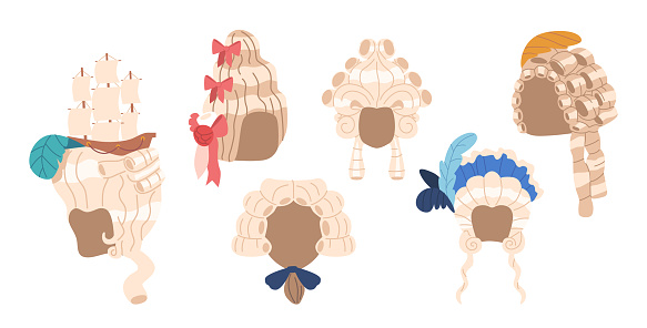 Rococo Wigs Set. Ornate Powdered Male and Female Perukes With Voluminous Curls, Adorned With Ribbons or Feathers. Periwigs for Costume Parties, Or Historical Reenactments. Cartoon Vector Illustration