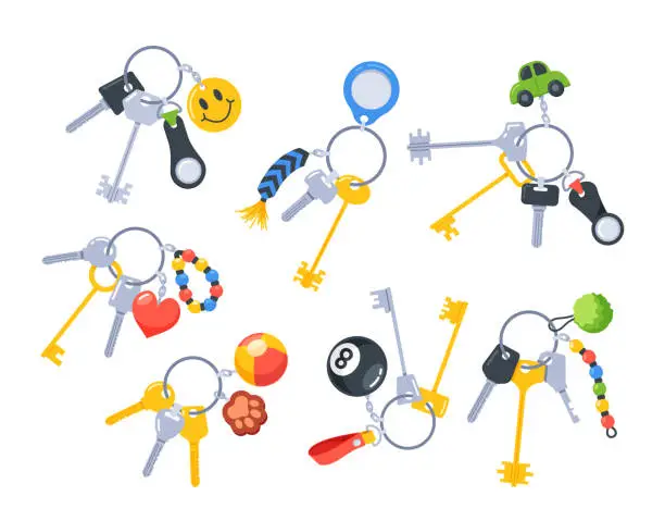 Vector illustration of Bunch Of Keys On Various Keychains Featuring Different Designs, Colors, And Sizes. Perfect For Keeping All Your Keys