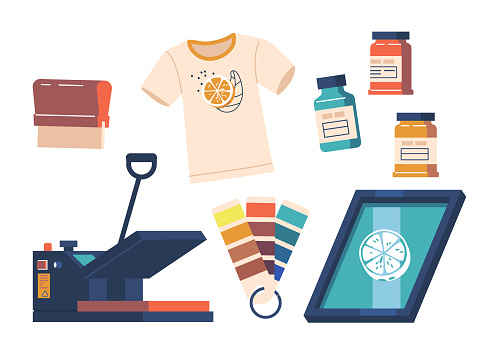 Items For Printing On T-shirts Includes Paints and Inks, Color Palette, Heat Press Machine, Tablet Pc Ideal For Customizing T-shirts With Logos, Slogans, And Designs. Cartoon Vector Illustration