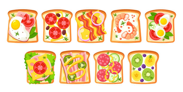 gemischtes sandwich-set mit verschiedenen füllungen wie schinken und käse, eiern und tomaten, würstchen, früchten - sandwich turkey bread toast stock-grafiken, -clipart, -cartoons und -symbole