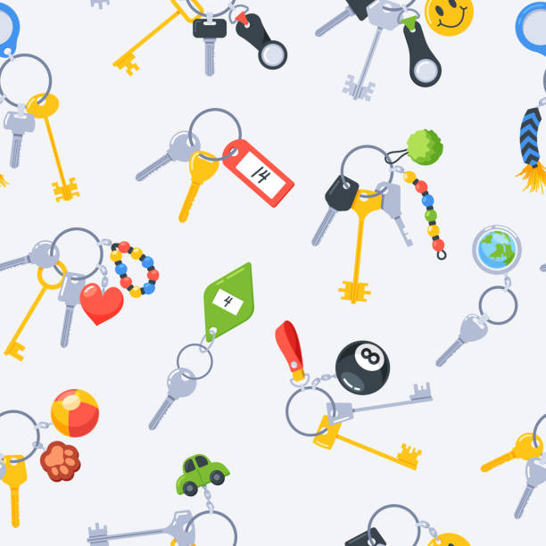 Keys And Keychains Seamless Pattern, With An Array Of Shapes And Sizes. Tiled Repeated Background Design with Trinkets Keys And Keychains Seamless Pattern, With An Array Of Shapes And Sizes. Tiled Repeated Background Design with Trinkets, Fobs and Keys for Creative Projects, Wallpaper. Cartoon Vector Illustration car fob vector stock illustrations
