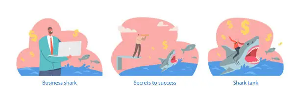 Vector illustration of Isolated Elements with Business Shark Character. Metaphorical Shrewd, Aggressive, And Highly Successful Businessperson