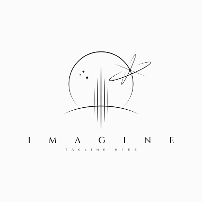 Imagine Modern Abstract Futuristic City In Space with Skylight Illustration Concept Logo Vector Template.