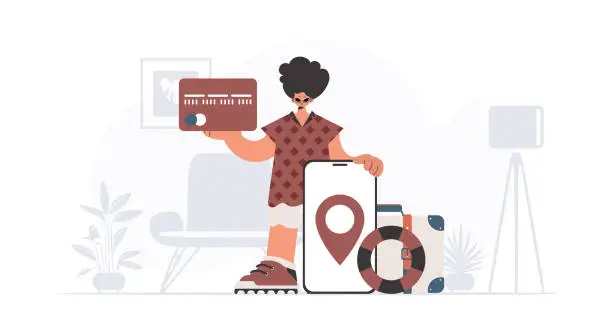 Vector illustration of The person is holding a bank card and a phone with a locale. The concept of rest and travel. Trendy style, Vector Illustration