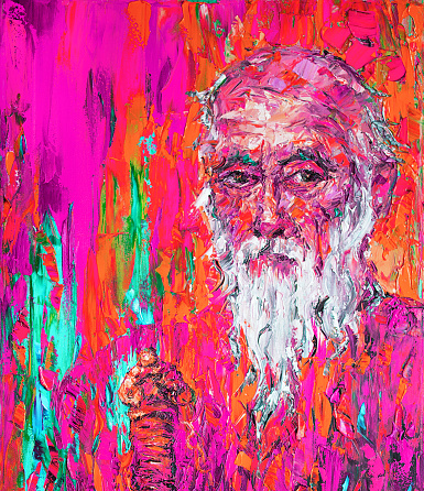 Artistic illustration oil painting impressionism vertical portrait of a strict elderly man with a beard on a red background